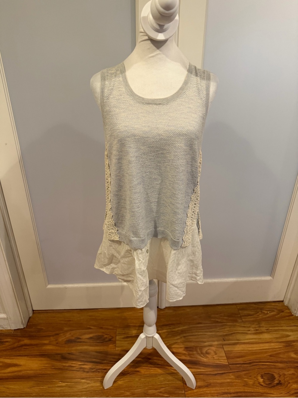 Moth Light Gray Knit Tank with Cream Lace & Ruffled Hem